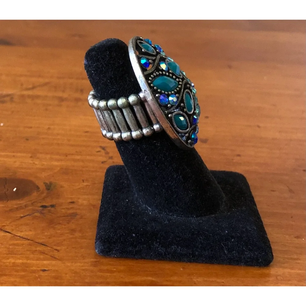 Vintage Boho Oval Statement Ring Turquoise And Blue Rhinestones Stretch Ring